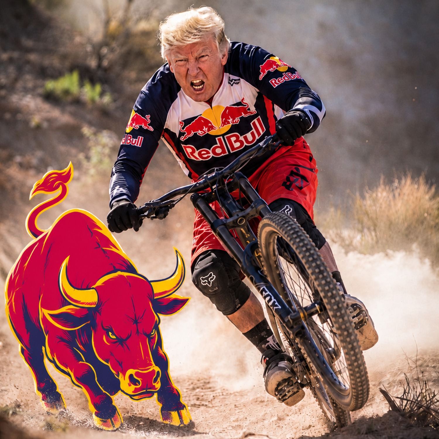 Trump in Red Bull gear sending it downhill on a mountain bike next to the charging bull