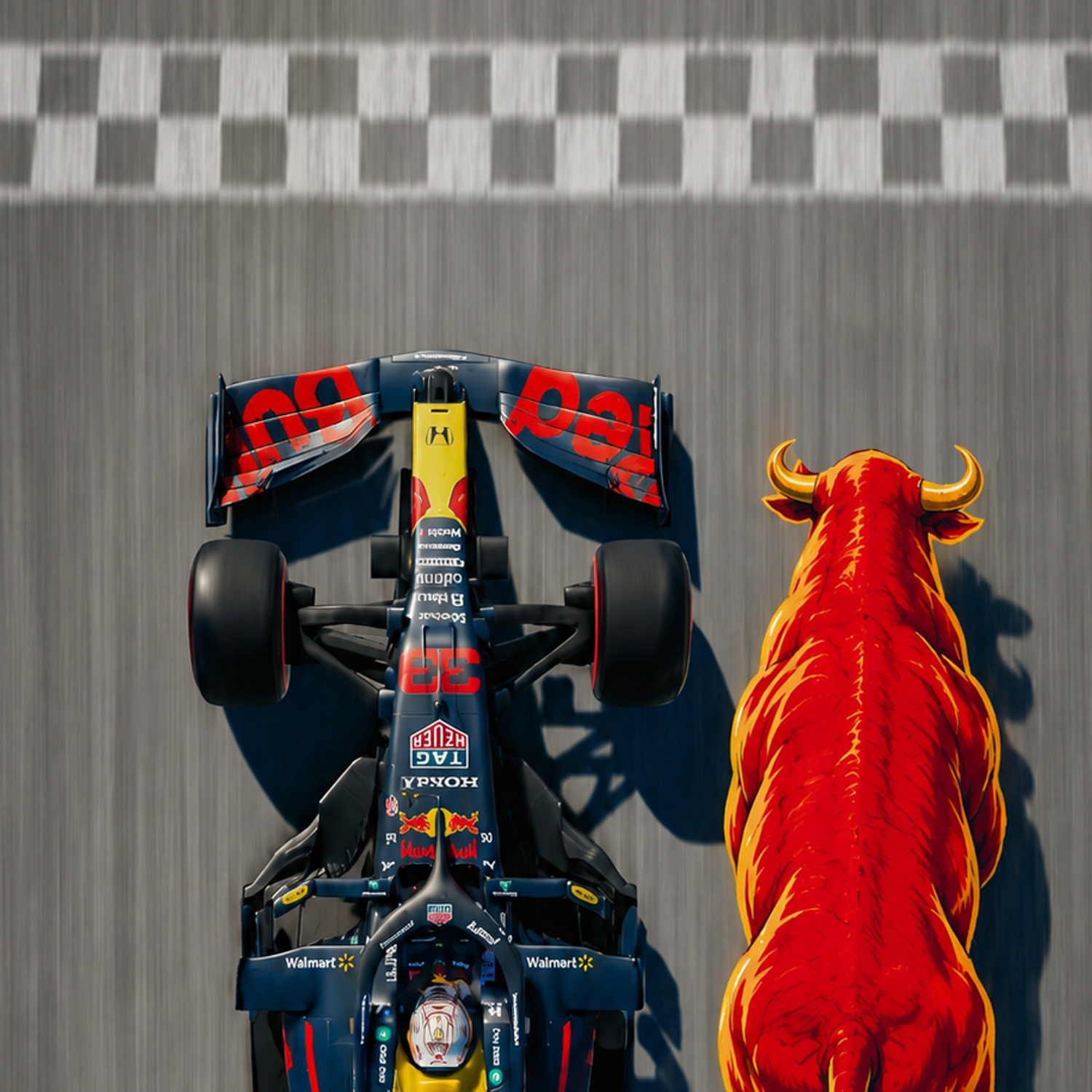 Top-down view of a Red Bull F1 car at the finish line beside the bull